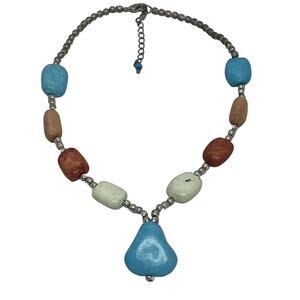 Multi-colored Stone and Silver Bead 16" Necklace Blue Pendant Vintage Estate